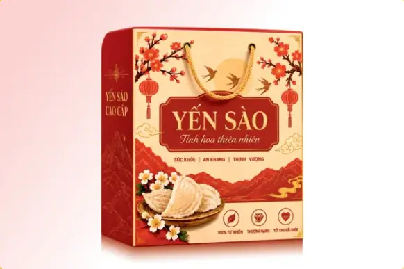 Hộp đựng yến sào dây xách kích thước 24 x 9 x 32 cm in họa tiết hoa mai đỏ vàng